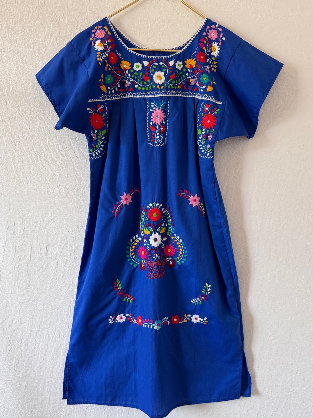 Mexican hand embroidered artesian blue floral dress 100% Cotton  Small